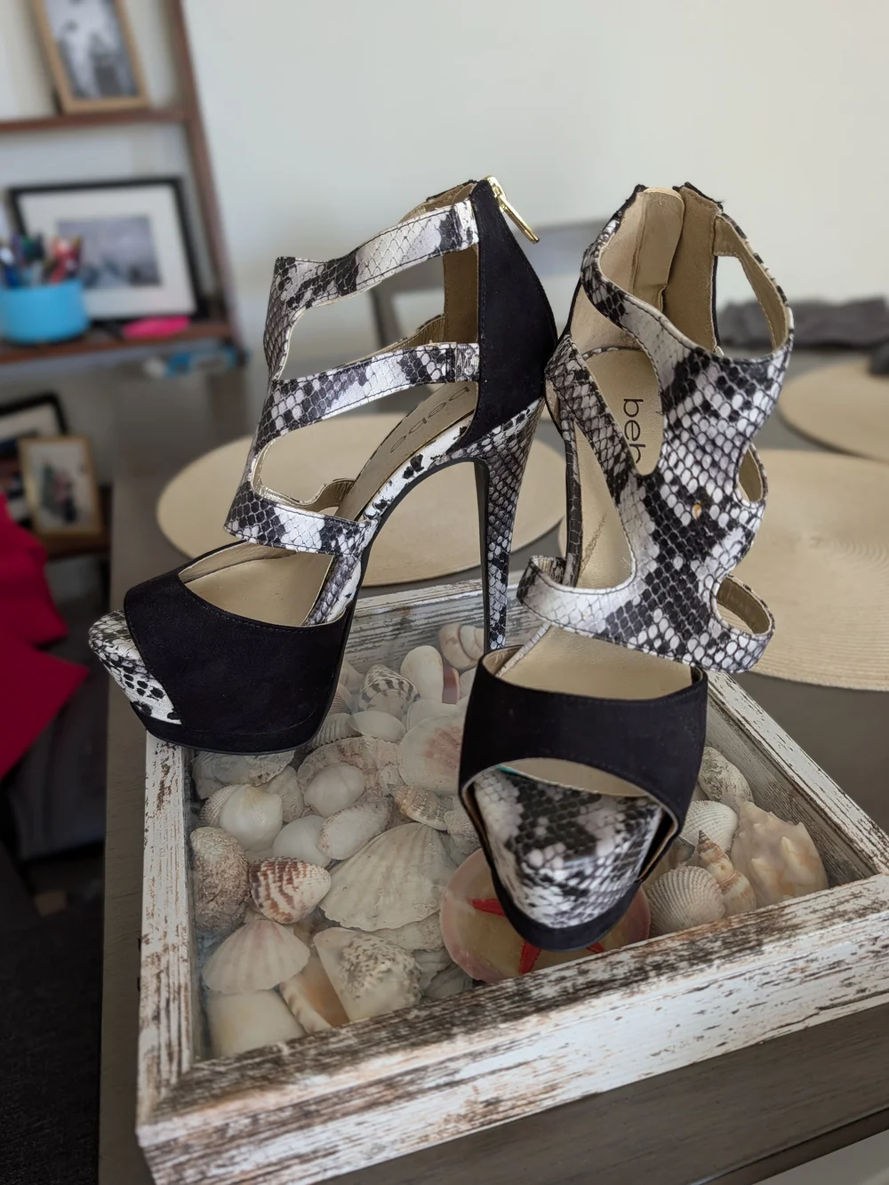 bebe Black & White Snake-Print Cutout High Heel Sandals